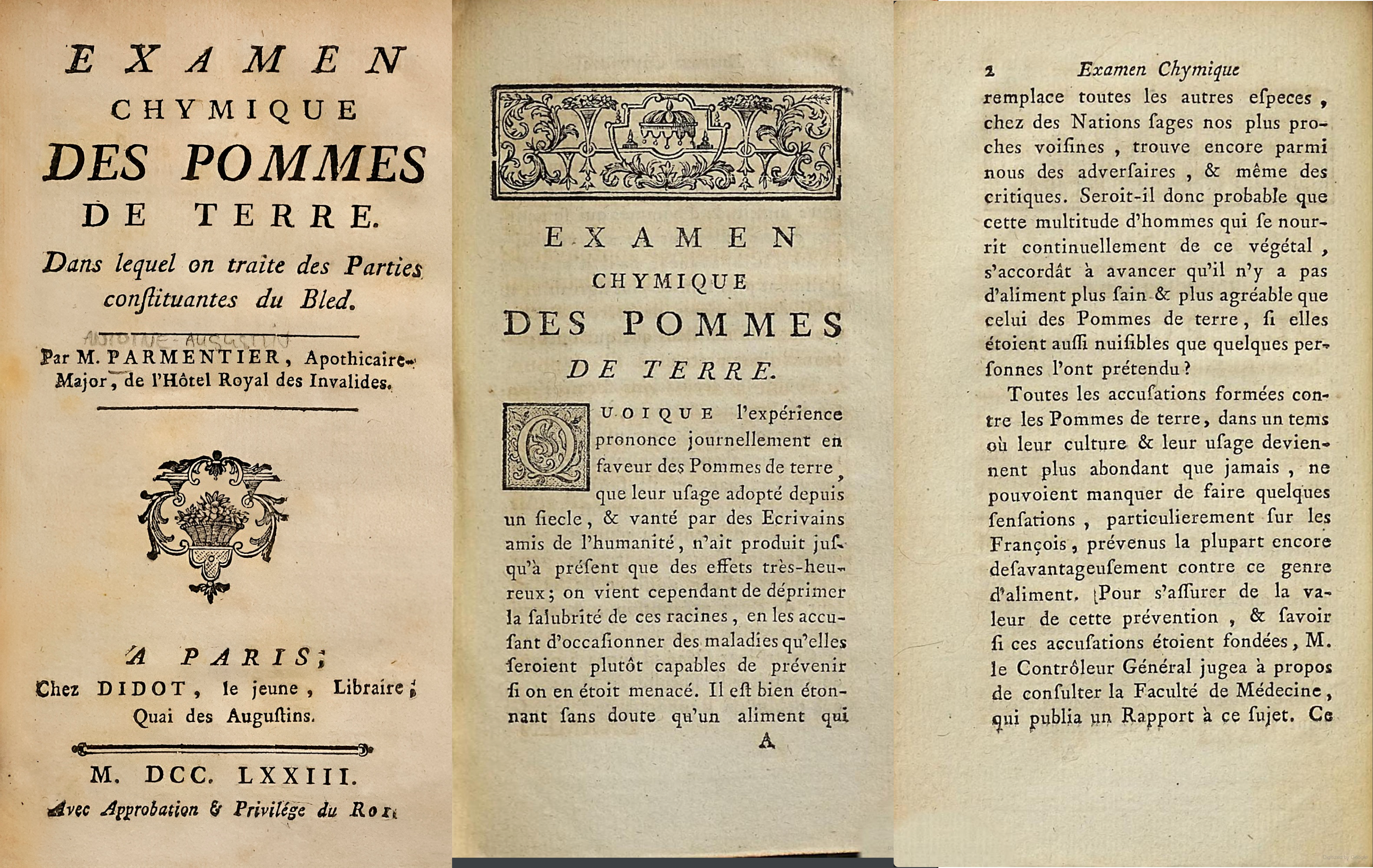 Examen Chymique des Pommes de Terre by Parmentier